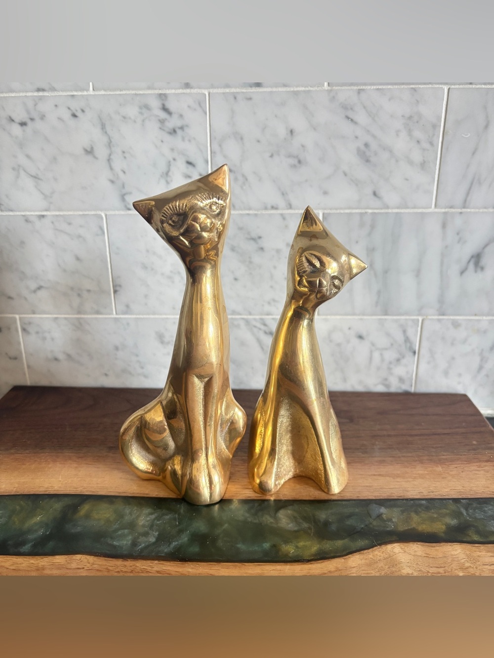 Vintage Pair of Mid Century 6.75” Brass Siamese Cat Figurines, Brass Animals